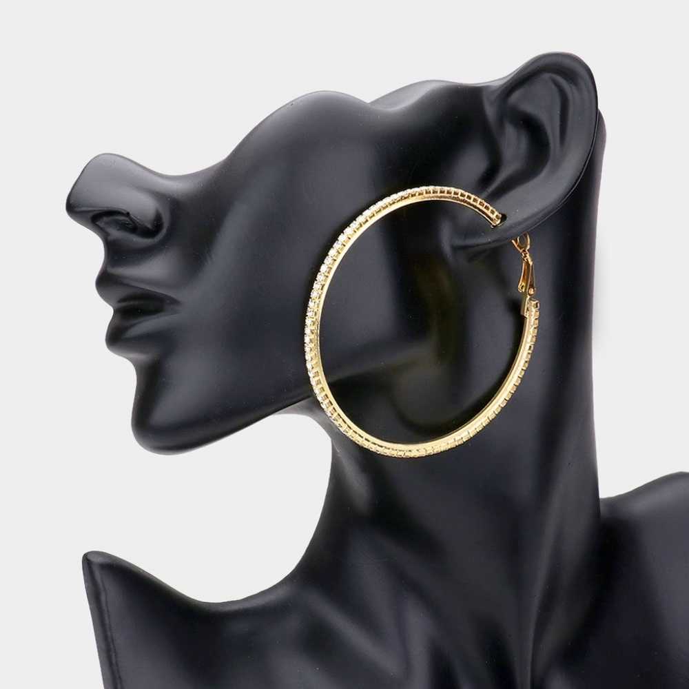 Gold Rhinestone Crystal 2.5" Round Hoop Style Earrings Fashion Jewelry